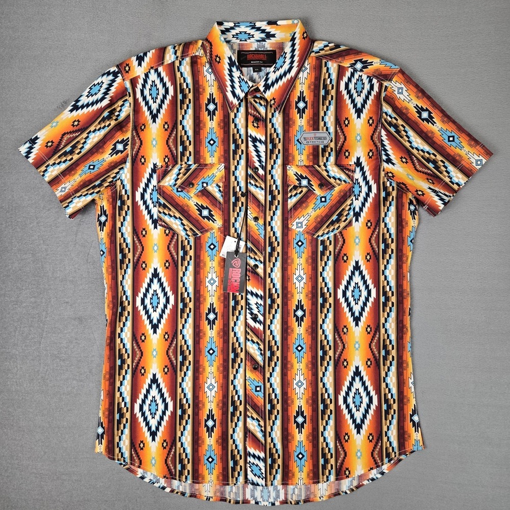 Rock & Roll‎ Denim Shirt Mens XL Pearl Snap Aztec Flex Cowboy Western *READ